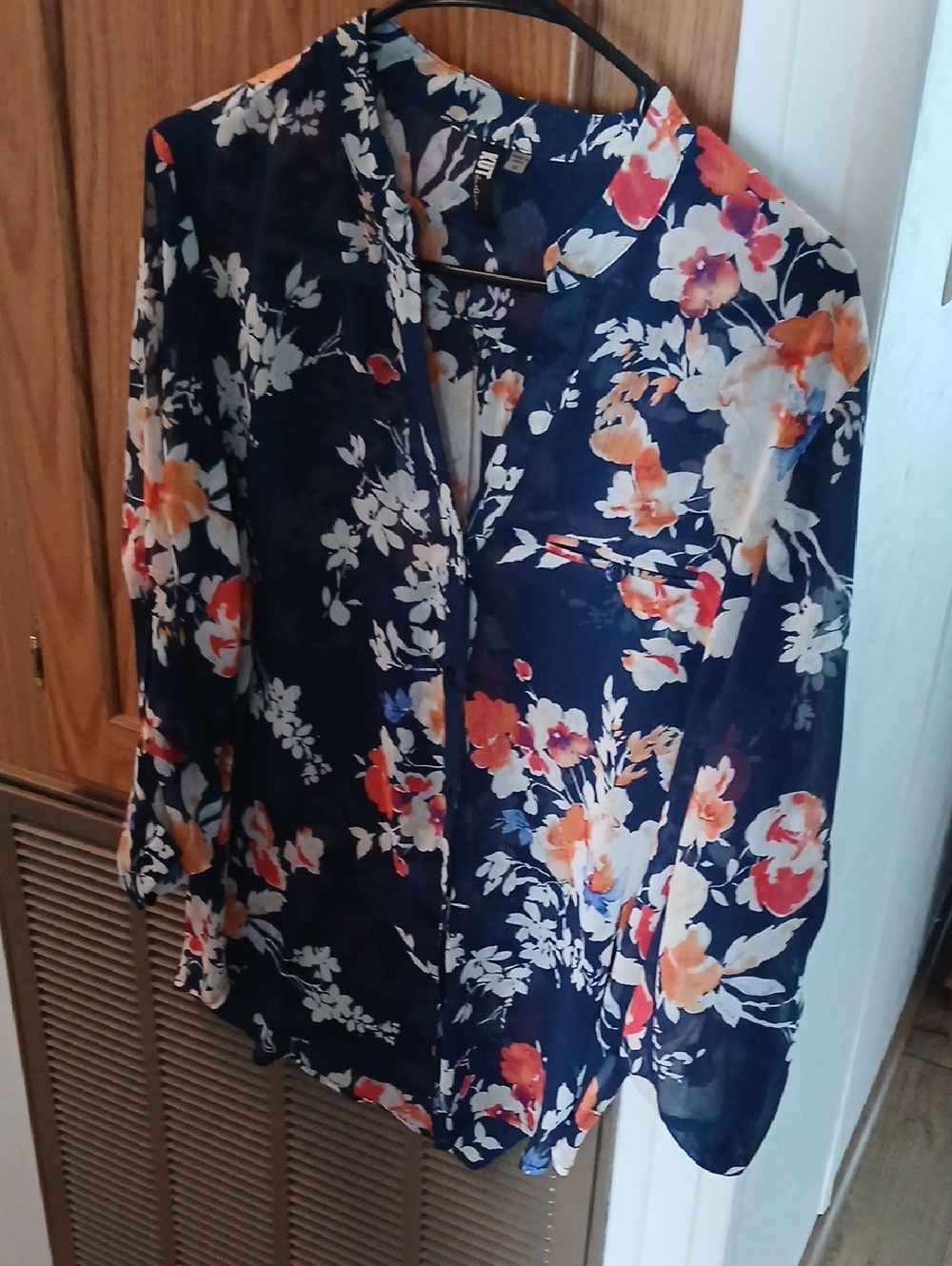 Kut from the Kloth Navy Floral Button-Front Blouse with Orange and White Flowers